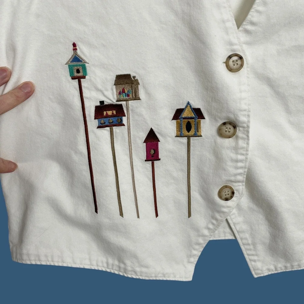 Vintage Embroidered Birdhouse V Neck Button Vest Womens L Made‎ in USA Americana